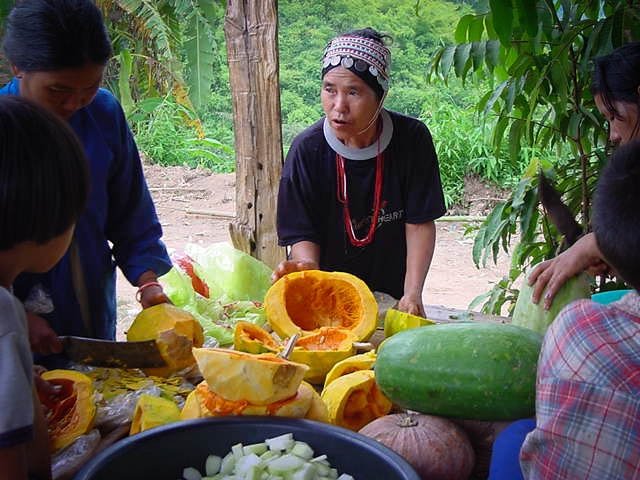 akha women preparing  a meal from home grown vegetables